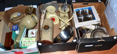 Lot 1068 - Assorted silver plated flatware, kitchen scales, a lloyd loom laundry basket, oval oak mirror...