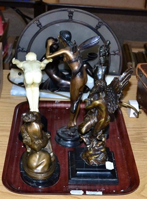 Lot 1069 - An Art Deco style table lamp, together with five metalware and resin decorative figures (6)