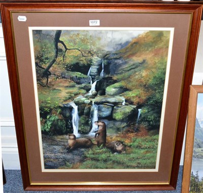 Lot 1072 - Caroline Manning, Otters in a landscape, gouache, signed and dated 1982