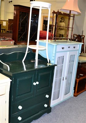 Lot 1097 - A green painted pine side cabinet, a pale blue painted glazed cabinet and a white painted...