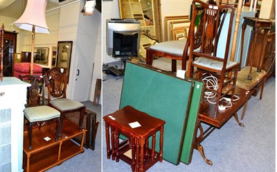 Lot 1098 - A nest of tables, two folding card tables, a hanging wall rack, three assorted chairs, reproduction