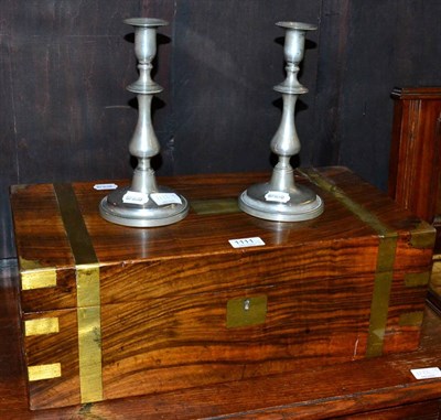 Lot 1111 - A pair of 19th century pewter ejector candlesticks and a Victorian brass bound walnut writing slope