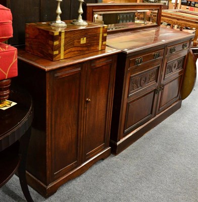 Lot 1112 - A mahogany sideboard with short mirror back; a small side cupboard and an oval wall mirror