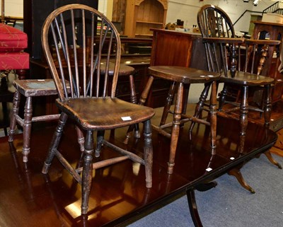 Lot 1115 - A small Windsor armchair together with a small elm seat, a side chair and three stools