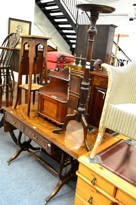 Lot 1116 - A reproduction soap table on lyre supports, a hanging corner cupboard and two jardiniere stands (4)