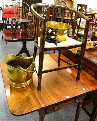 Lot 1123 - An Edwardian string inlaid tub chair, a brass jam pan, a coal bucket and a miniature sewing machine