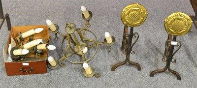 Lot 1150 - An Art Deco chandelier, a pair of wall sconces and a pair of fire dogs