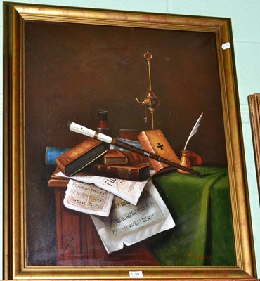 Lot 1154 - V. Singuerlin, still life of books, sheets and music, oil on canvas