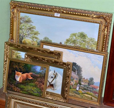 Lot 1169 - E Bailes, four oils depicting country scenes together with an unsigned study of a fox (5)