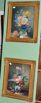 Lot 1182 - A pair of watercolours; still life of flowers and birds nest and fruit, in ornate gilt frames