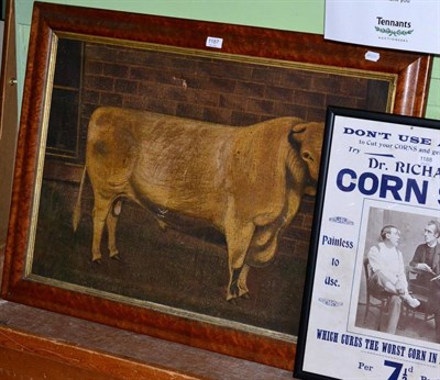 Lot 1187 - A 19th century naive oil portrait of a bull, maple frame