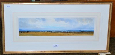 Lot 1198 - Brian Irving (British, 1931-2012) panoramic landscape with sheep, watercolour, signed and dated...