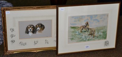 Lot 1206 - Keith Tovey (Irish, b. 1932), two Irish setters, watercolour, signed with pencil sketch to...