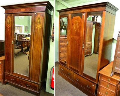 Lot 1219 - An Edwardian marquetry wardrobe with single mirrored door together with a similar three door...