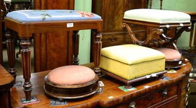 Lot 1235 - A 19th century stool, a rectangular stool, a pair of circular footstools and a square example (5)