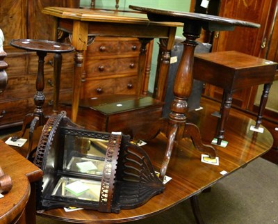 Lot 1236 - A twin pillar dining table, a tilt top tripod table, a wall hanging glazed cabinet, a small console