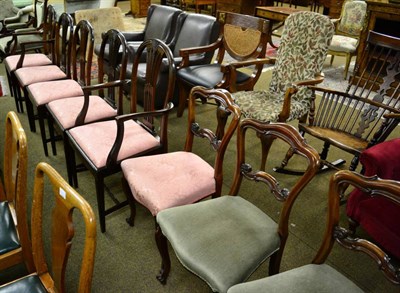 Lot 1270 - A set of five mahogany dining chairs with wheat sheaf splats, three Victorian rosewood dining...