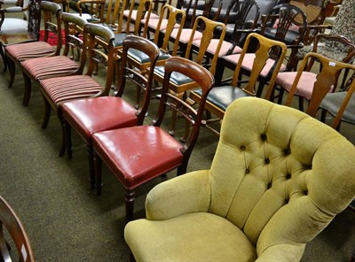 Lot 1272 - A French upholstered open armchair, a Victorian mahogany hall chair, three brass inlaid...