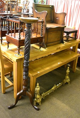 Lot 1323 - A Victorian Canterbury, a carved tripod torchere, a small bench seat with hinged seat, a foot stool