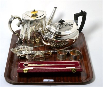 Lot 9 - A silver teapot, James Dixon & Sons; together with assorted silver napkin rings; a meat skewer form