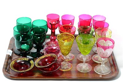 Lot 10 - Tray of coloured drinking glasses incl. Victorian cranberry and green glass etc