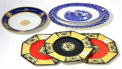 Lot 23 - A 19th century Russian dish, neo-classical roundels in cobalt blue border, gilt embellished...