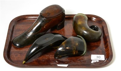 Lot 30 - A large 19th century shoe snuff box: a Scottish snuff mull and two horn snuff boxes