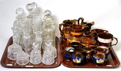 Lot 31 - Tray of 19th century copper lustre wares together with a tray of cut glass including decanters