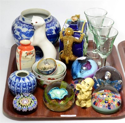 Lot 40 - Tray of assorted ceramics, glass including paperweights etc