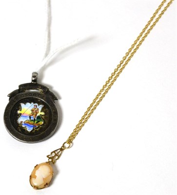 Lot 45 - A miniature cameo pendant in mount, stamped 9ct, on chain; together with a silver and enamel...