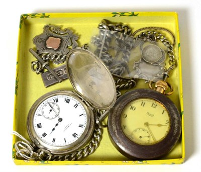 Lot 51 - A silver full hunter pocket watch, signed J.W Benson, a gold plated open faced pocket watch...