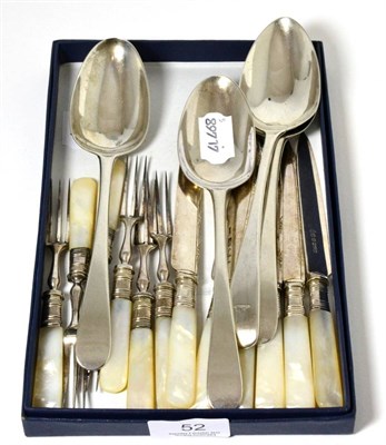 Lot 52 - Silver comprising three 18th century table spoons, another single example and set of six mother...