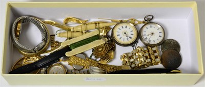 Lot 64 - Two silver lady's fob watches, modern watches, costume jewellery etc