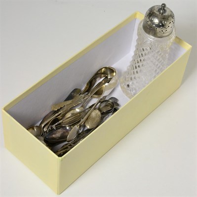 Lot 65 - Quantity of assorted silver teaspoons, sugar nips and a silver topped castor