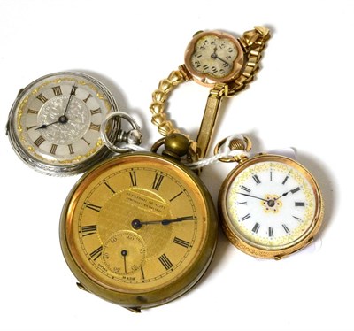 Lot 71 - A lady's fob watch with case stamped '14K', lady's 9 carat gold wristwatch, base metal pocket watch