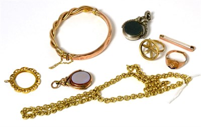 Lot 83 - A curb link chain, a 9ct gold pendant frame, a 9ct gold ring mount, a 9ct gold bar brooch, a...