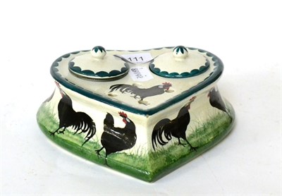 Lot 111 - Wemyss pottery cockerel-decorated heart shaped inkstand