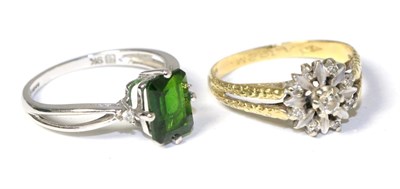 Lot 160 - A 9 carat white gold green tourmaline and diamond ring and an 18 carat gold diamond ring (2)