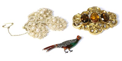 Lot 161 - A mother-of-pearl and pearl spray brooch, a Victorian orange paste set brooch and an enamel and...