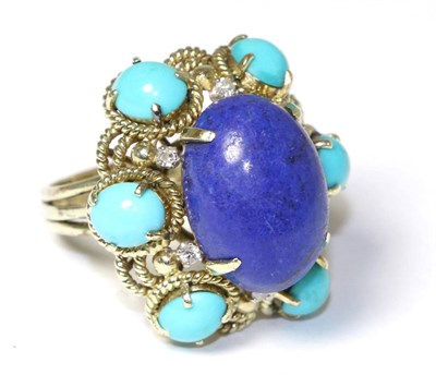 Lot 163 - Lapis lazuli, turquoise and diamond cluster ring