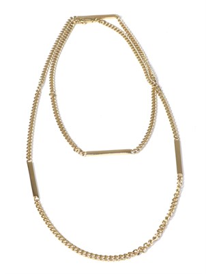 Lot 165 - A 9 carat gold fancy link chain necklace, of cuban links with long bar link sections, 80cm long