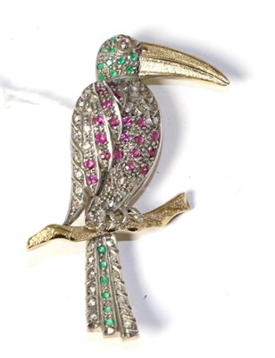 Lot 172 - A diamond, ruby and emerald set toucan brooch, total estimated diamond weight 0.20 carat...