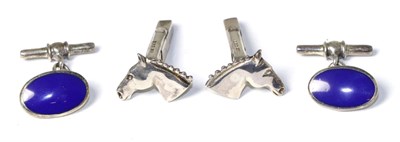 Lot 175 - A pair of silver horses head cufflinks together with a pair of oval blue enamel and silver...