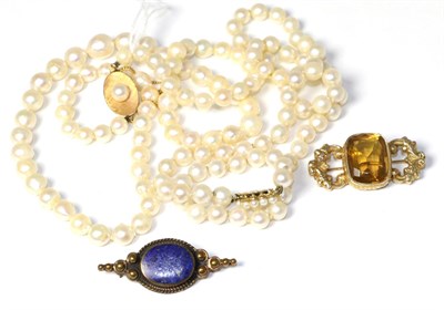 Lot 177 - Two cultured pearl necklaces, a citrine brooch and a lapis lazuli brooch (4)