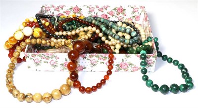 Lot 181 - Twelve beaded necklaces including malachite, agate, glass, plastic