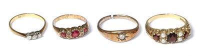 Lot 184 - A 9 carat gold garnet and pearl ring, a 9 carat gold ruby and diamond ring and two diamond...