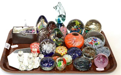 Lot 199 - Tray of Caithness, Selkirk and other glass paperweights together with tray of ceramics...