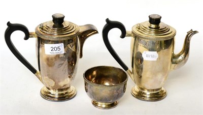 Lot 205 - A three piece silver coffee serivce, Roberts & Dore, Birmingham 1937, the pots 17cm high, 32.4ozt