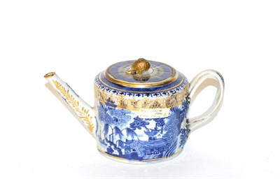 Lot 212 - Chinese blue and white teapot decorated with landscapes, late gilded