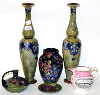 Lot 213 - A pair of Royal Doulton stoneware vases, a Sunderland lustre jug, Moorcroft Clematis dish,...